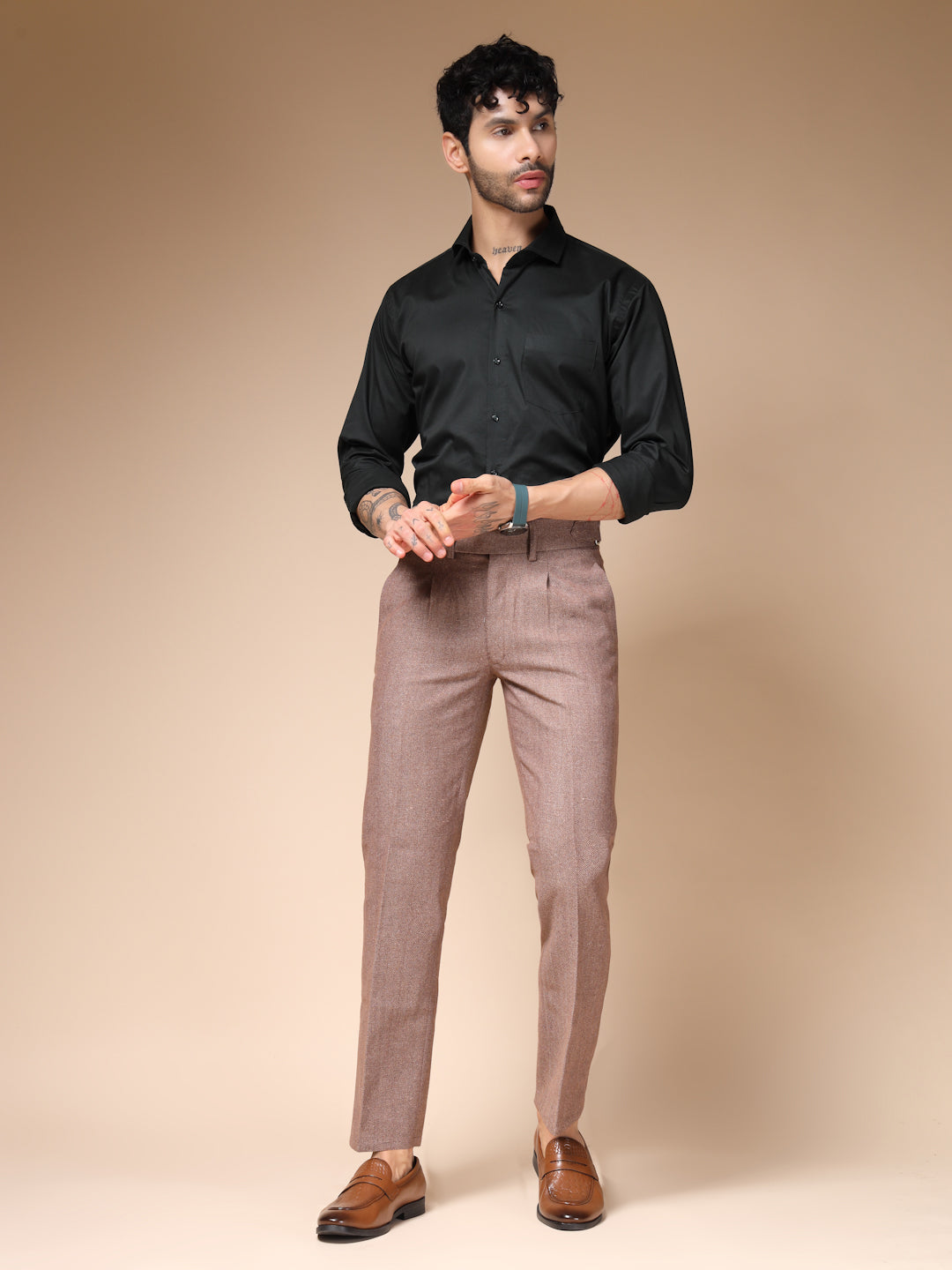 Khakhi Oxford Herringbone Gurkha Pants | Boot Cut Fit by ITALIAN VEGA®