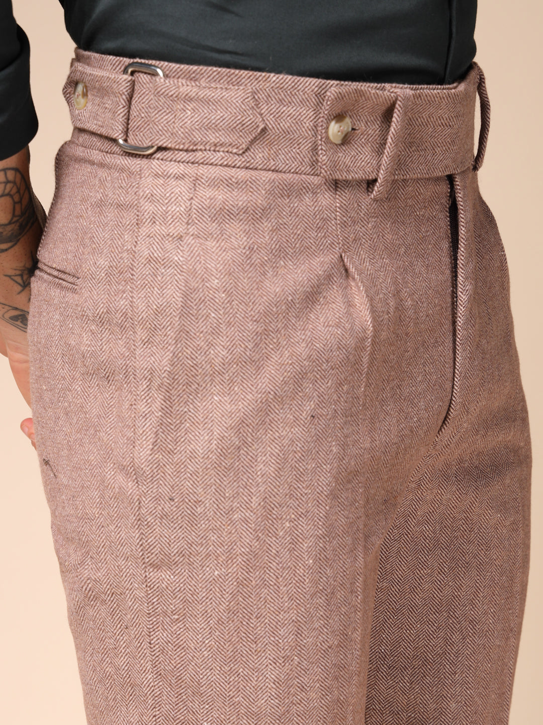 Khakhi Oxford Herringbone Gurkha Pants | Boot Cut Fit by ITALIAN VEGA®