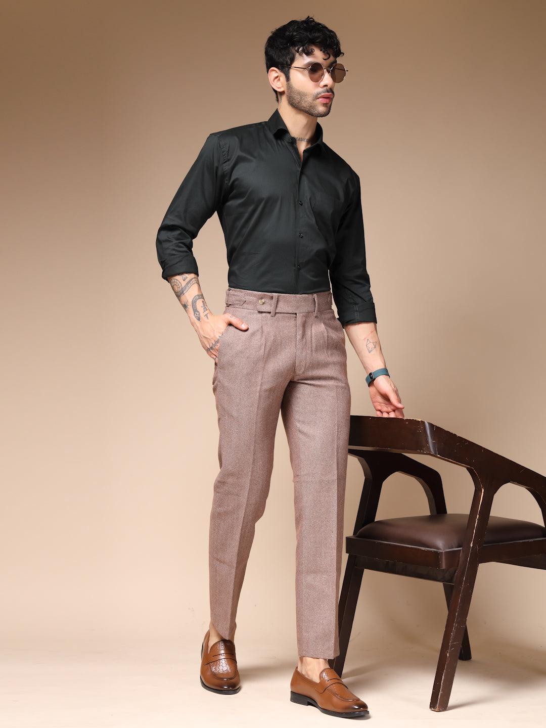 Khakhi Oxford Herringbone Gurkha Pants | Boot Cut Fit by ITALIAN VEGA®