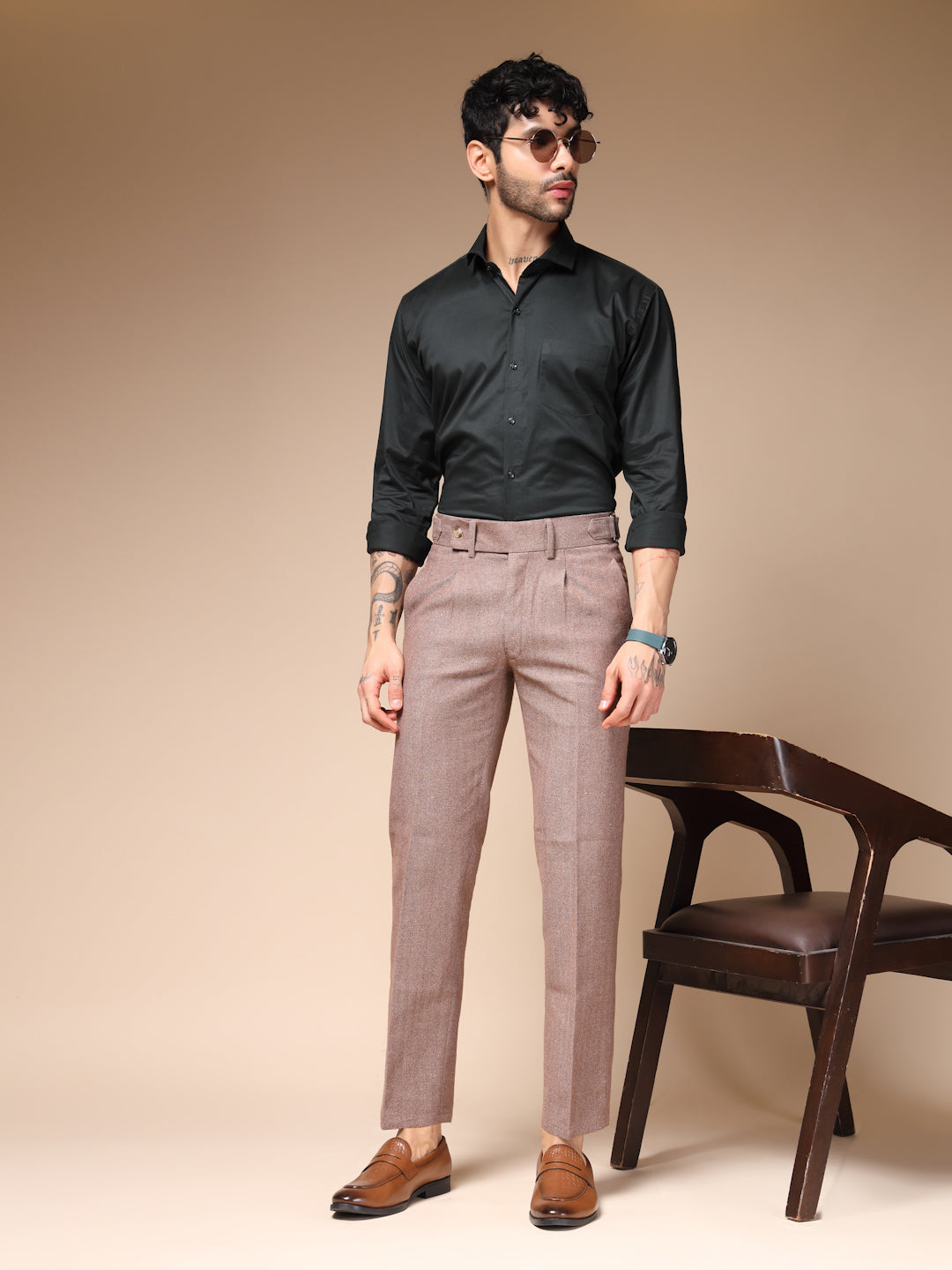 Khakhi Oxford Herringbone Gurkha Pants | Boot Cut Fit by ITALIAN VEGA®