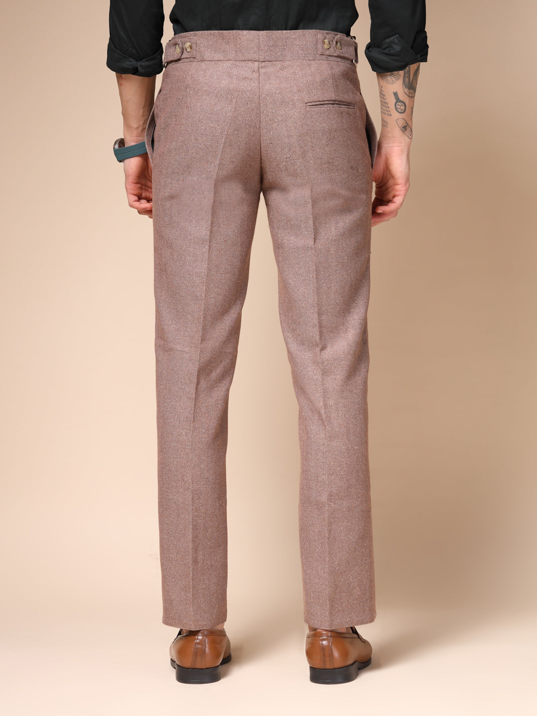 Khakhi Oxford Herringbone Gurkha Pants | Boot Cut Fit by ITALIAN VEGA®