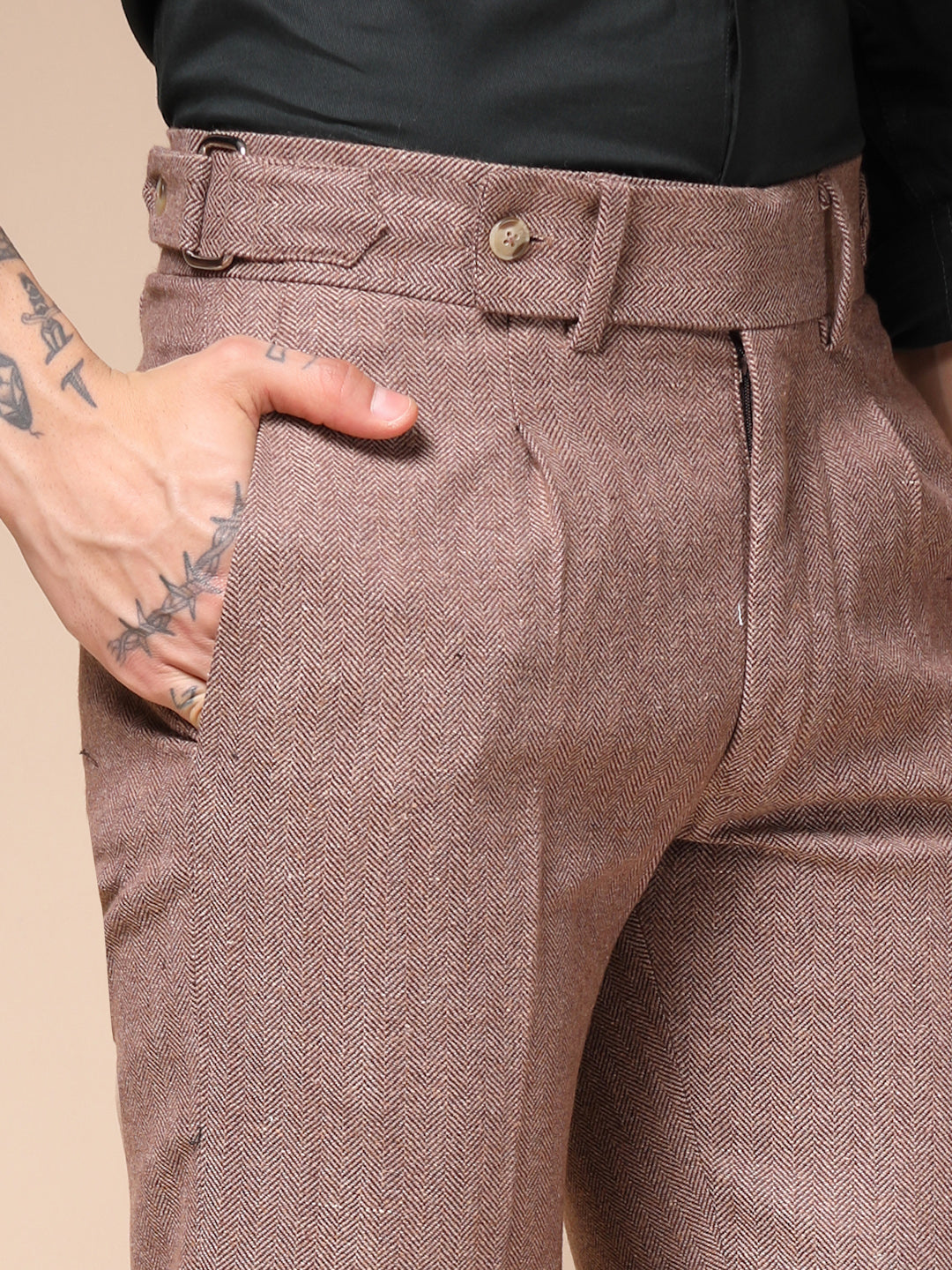 Khakhi Oxford Herringbone Gurkha Pants | Boot Cut Fit by ITALIAN VEGA®