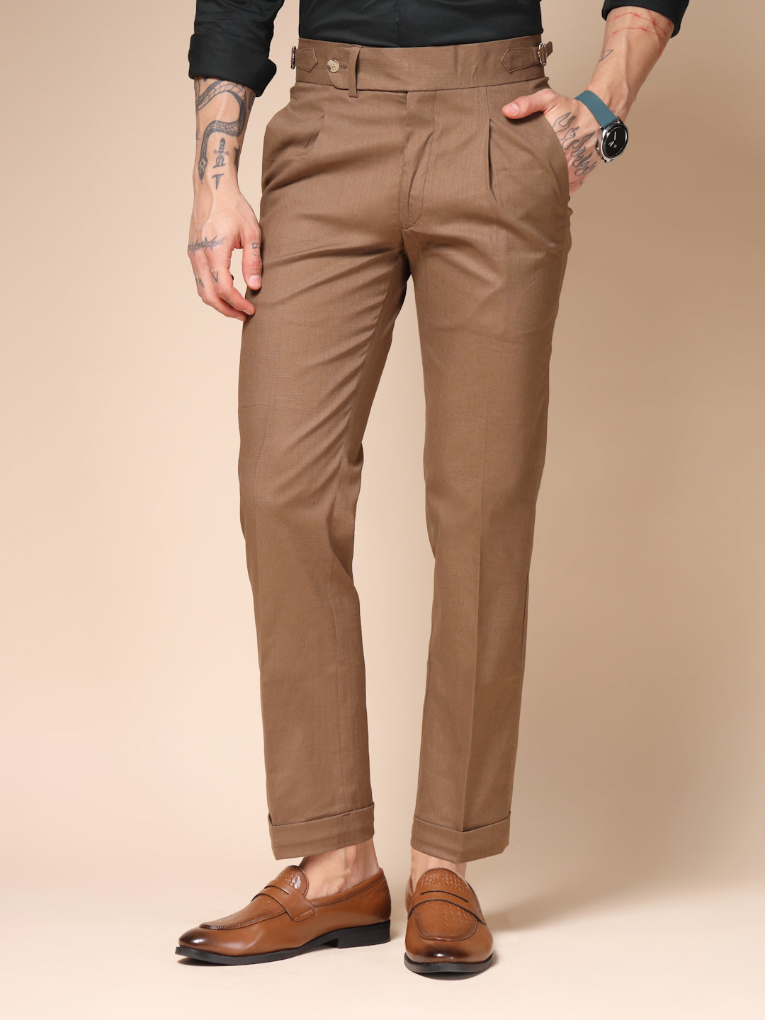 Khakhi Elegant Linen Gurkha Pants | Boot Cut Fit by ITALIAN VEGA®