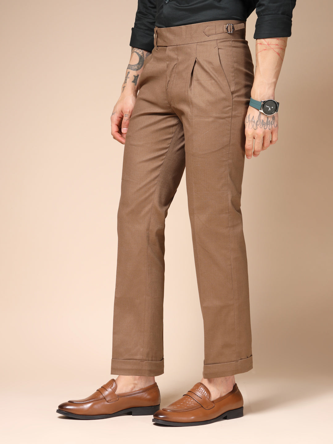 Khakhi Elegant Linen Gurkha Pants | Boot Cut Fit by ITALIAN VEGA®