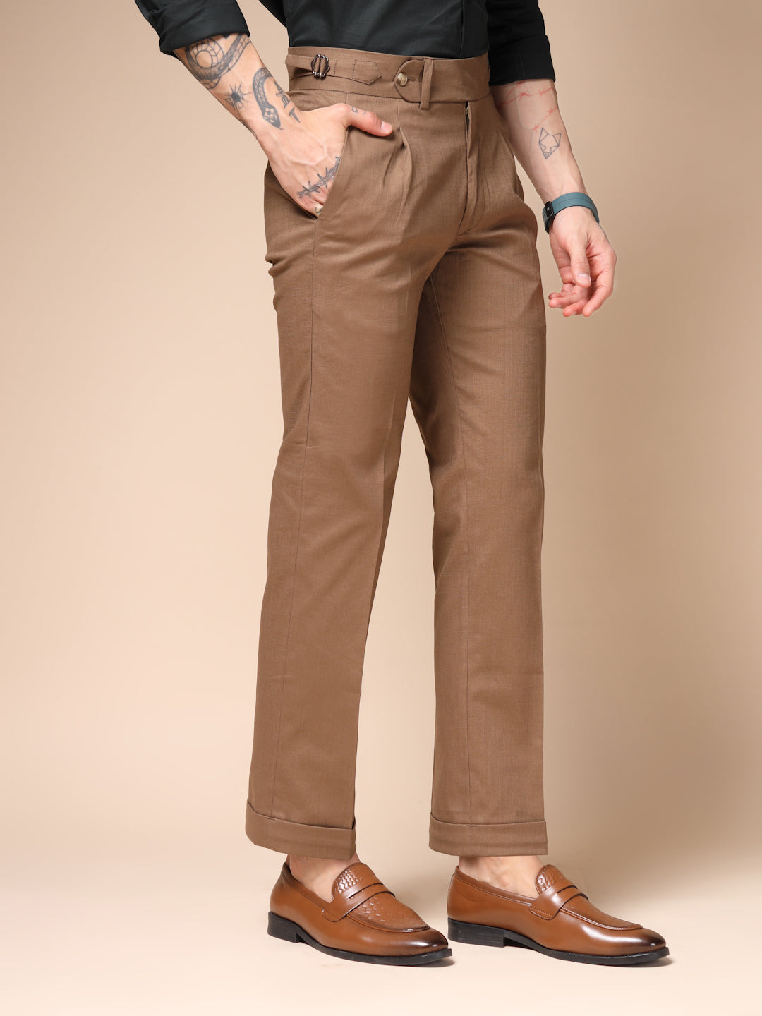 Khakhi Elegant Linen Gurkha Pants | Boot Cut Fit by ITALIAN VEGA®
