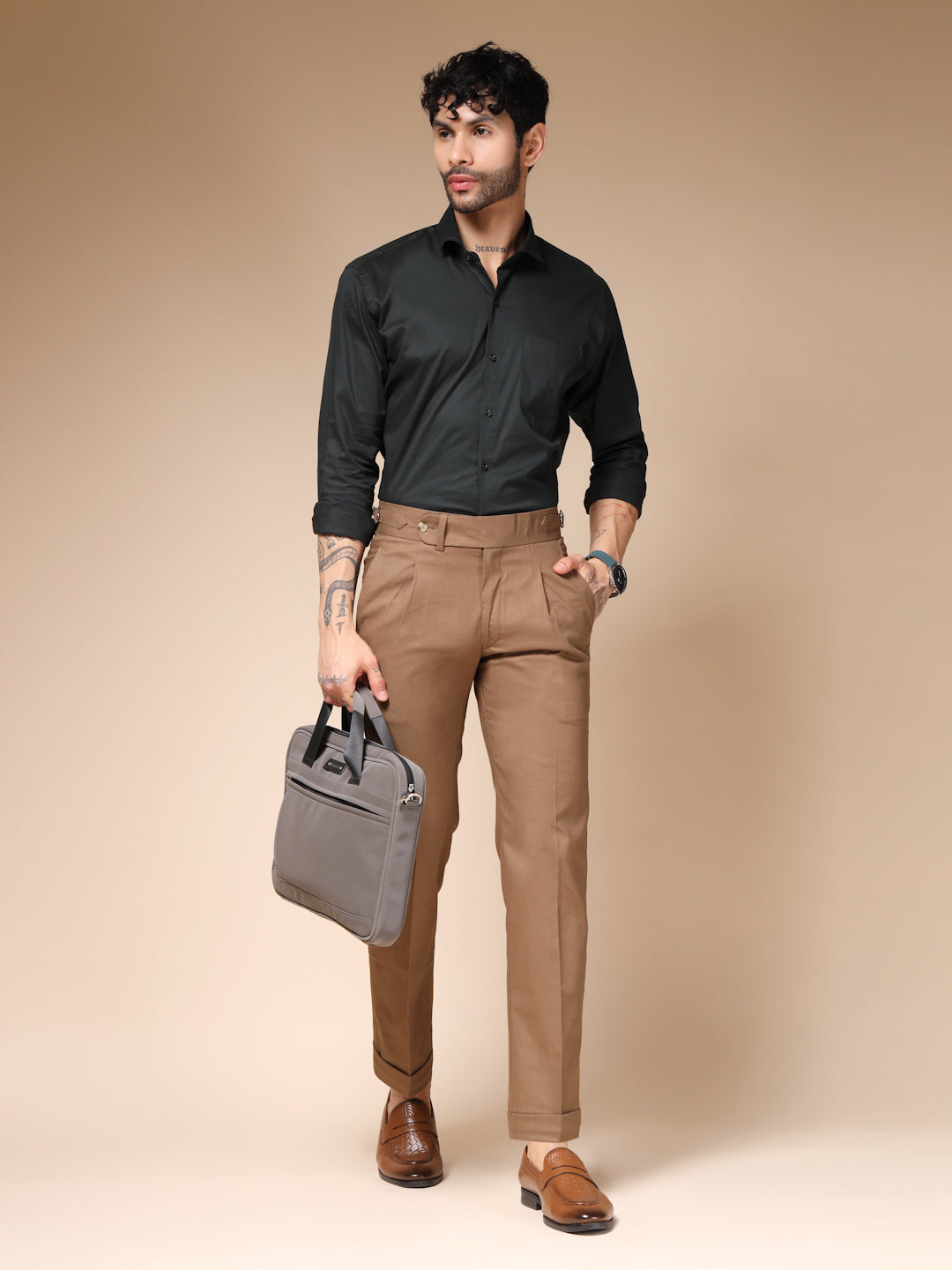 Khakhi Elegant Linen Gurkha Pants | Boot Cut Fit by ITALIAN VEGA®