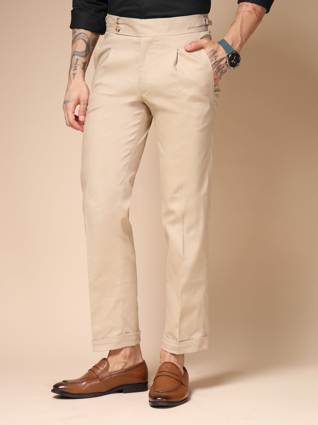 Beige Signature Buttoned Linen Gurkha Pants | Boot Cut Fit by ITALIAN VEGA®