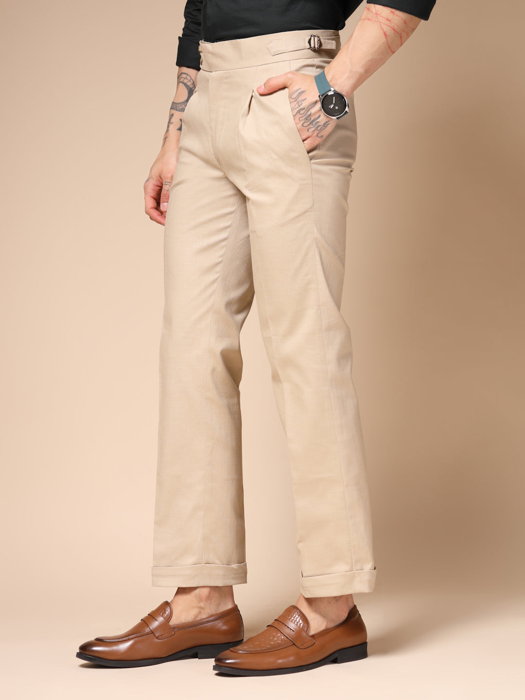 Beige Signature Buttoned Linen Gurkha Pants | Boot Cut Fit by ITALIAN VEGA®