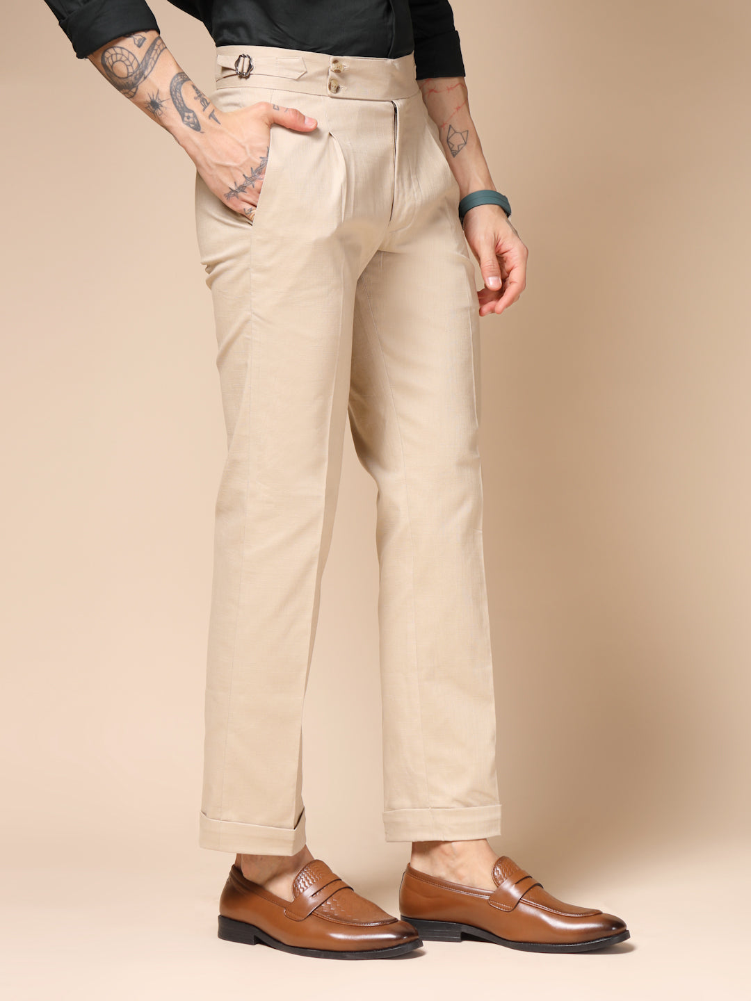 Beige Signature Buttoned Linen Gurkha Pants | Boot Cut Fit by ITALIAN VEGA®