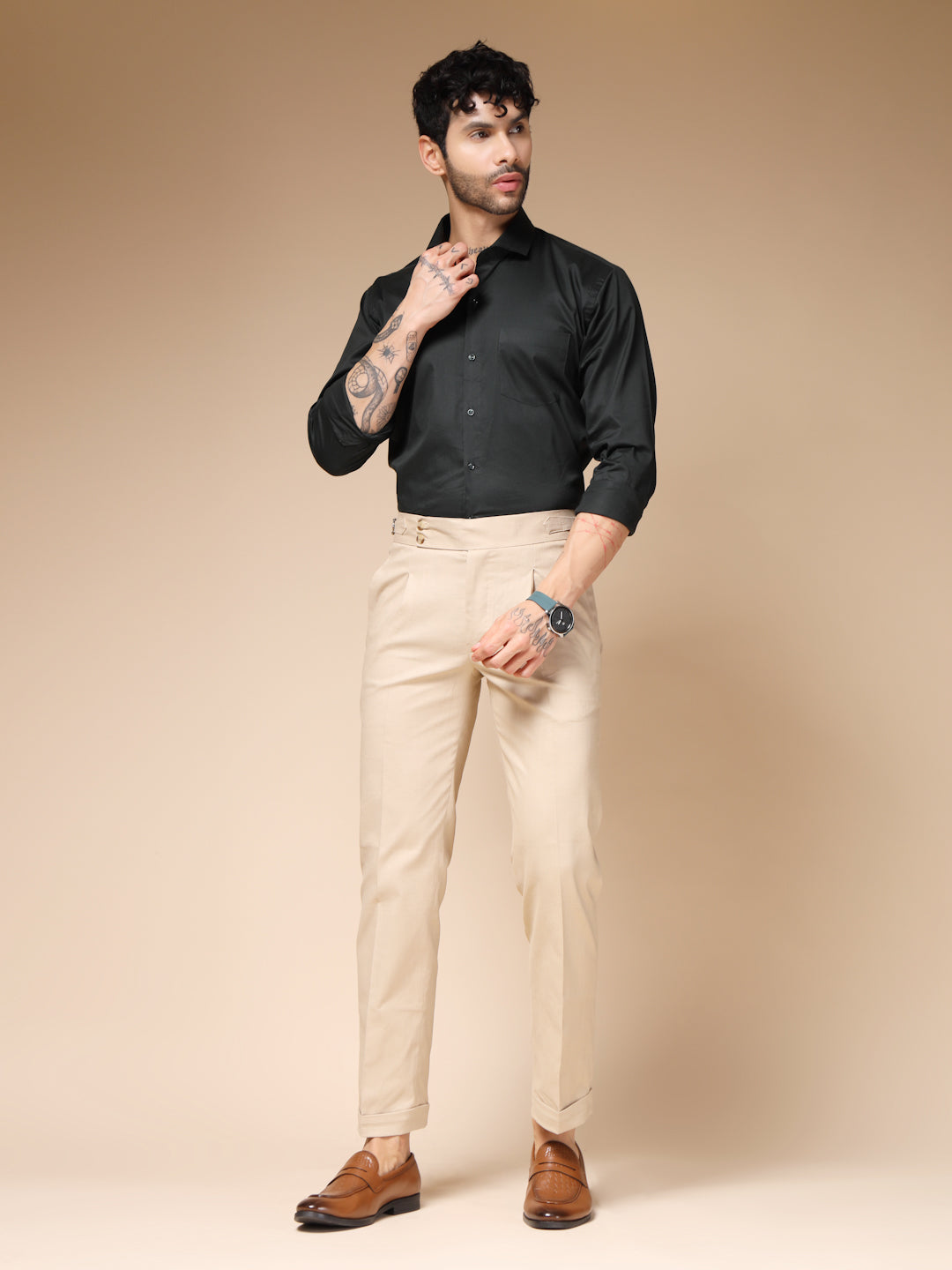 Beige Signature Buttoned Linen Gurkha Pants | Boot Cut Fit by ITALIAN VEGA®