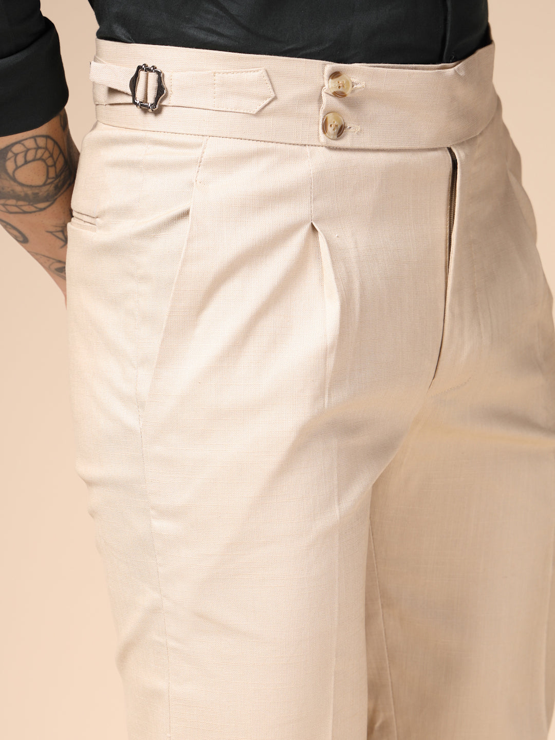 Beige Signature Buttoned Linen Gurkha Pants | Boot Cut Fit by ITALIAN VEGA®