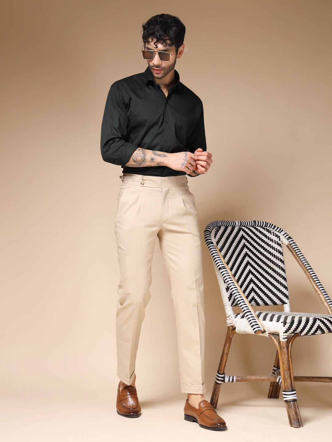 Beige Signature Buttoned Linen Gurkha Pants | Boot Cut Fit by ITALIAN VEGA®