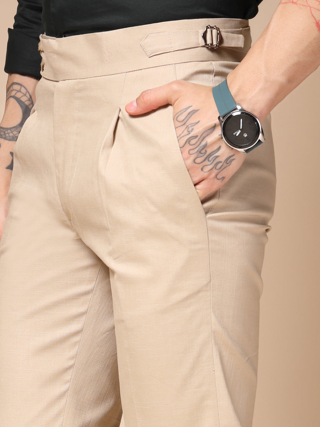 Beige Signature Buttoned Linen Gurkha Pants | Boot Cut Fit by ITALIAN VEGA®