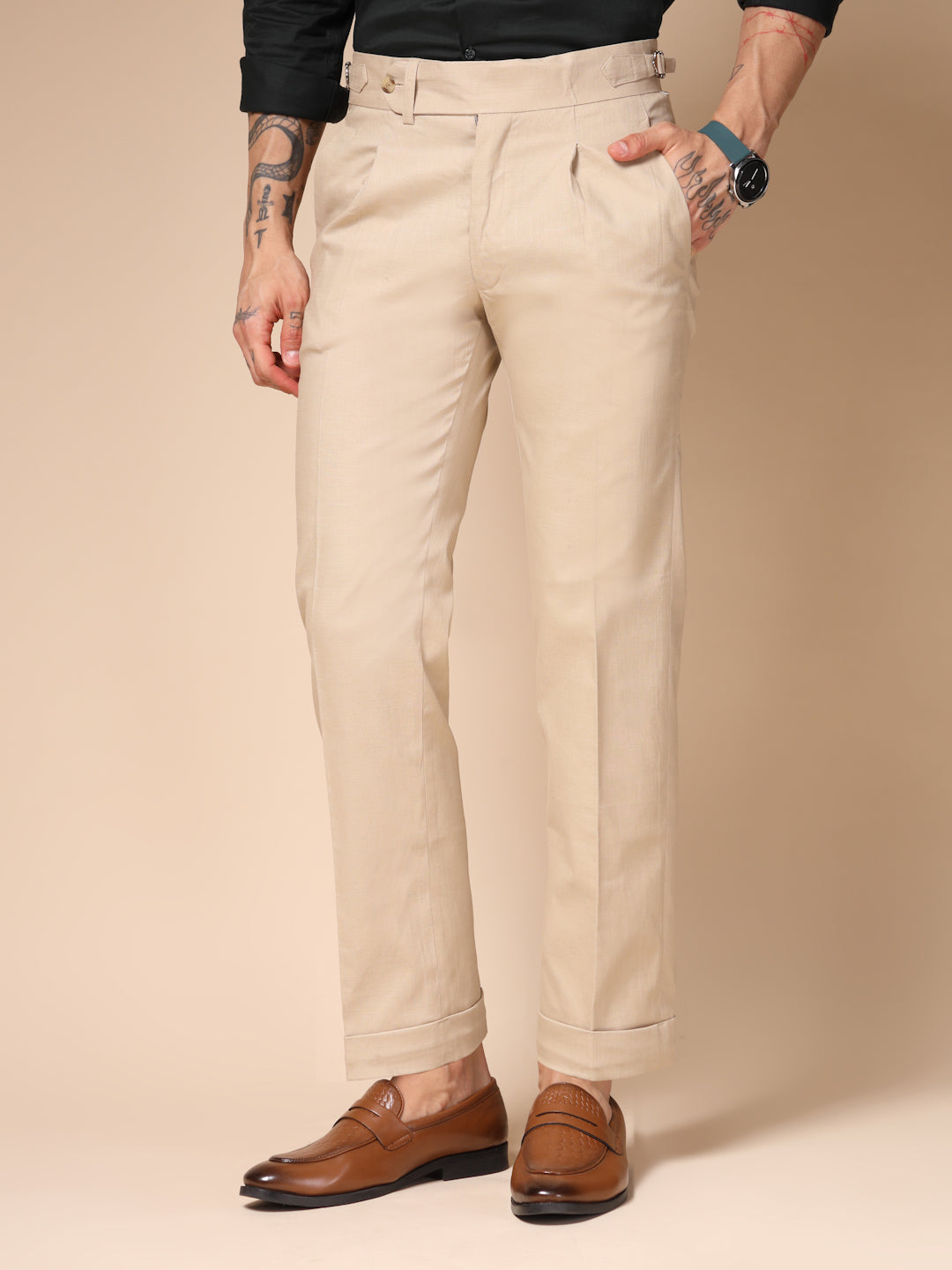 Beige Elegant Linen Gurkha Pants | Boot Cut Fit by ITALIAN VEGA®