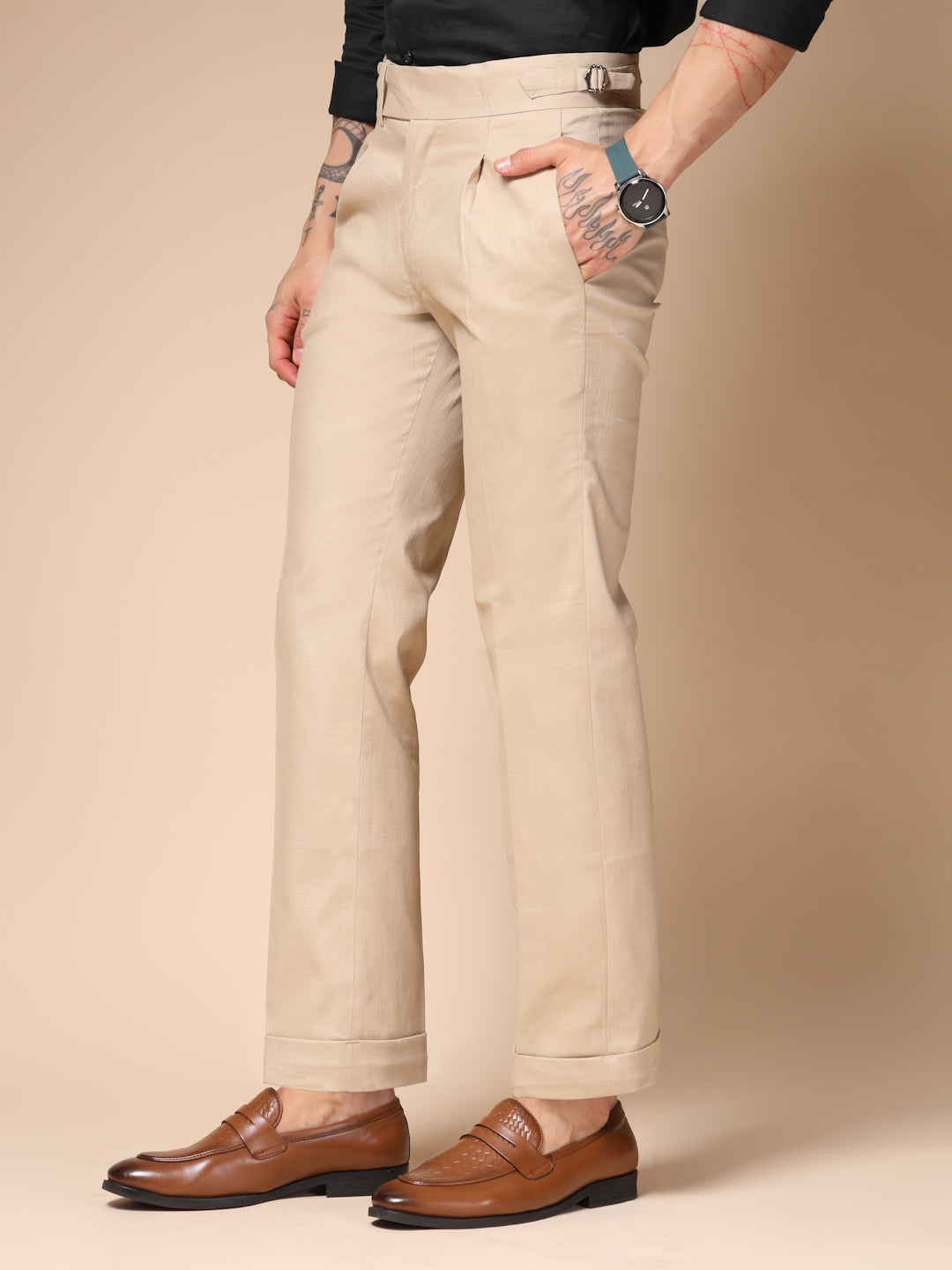 Beige Elegant Linen Gurkha Pants | Boot Cut Fit by ITALIAN VEGA®