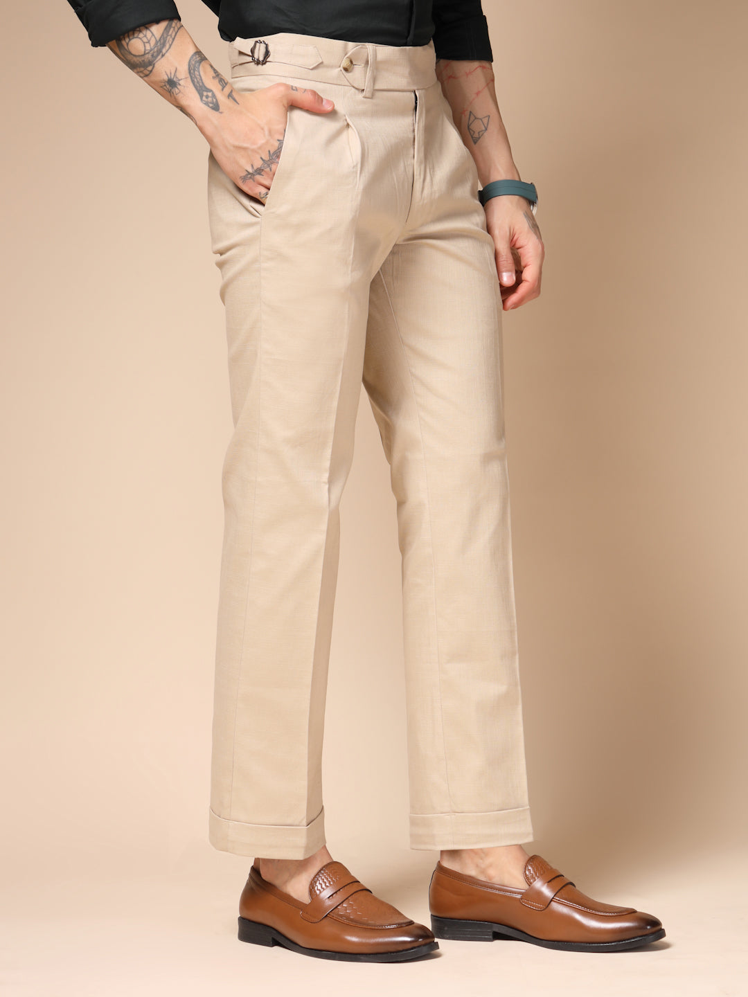 Beige Elegant Linen Gurkha Pants | Boot Cut Fit by ITALIAN VEGA®