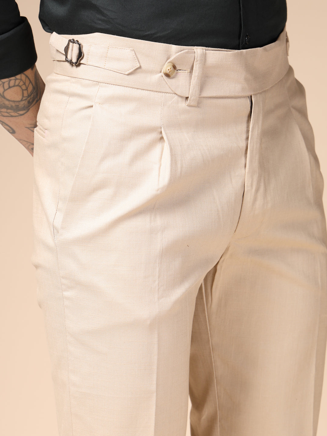 Beige Elegant Linen Gurkha Pants | Boot Cut Fit by ITALIAN VEGA®