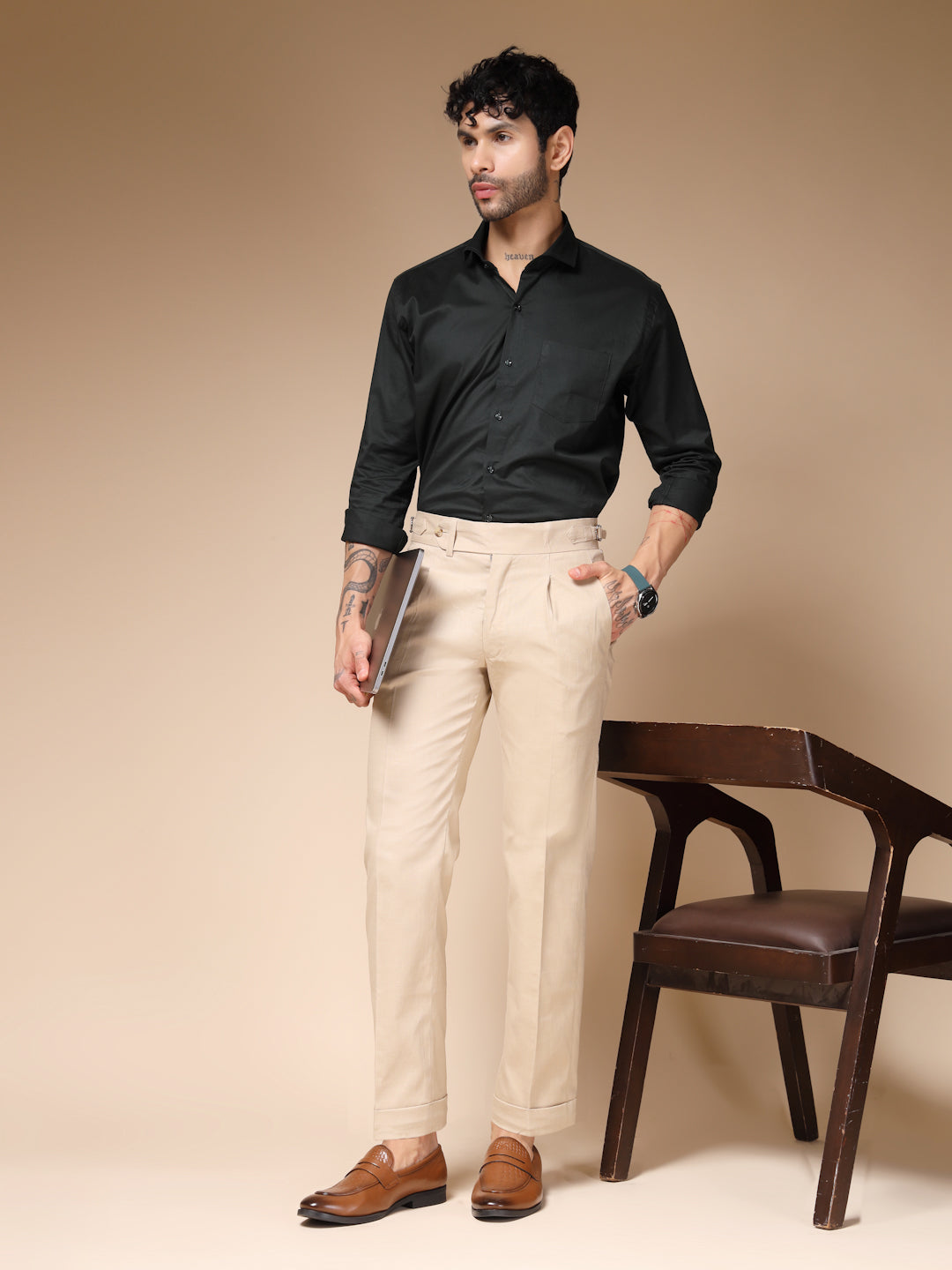 Beige Elegant Linen Gurkha Pants | Boot Cut Fit by ITALIAN VEGA®