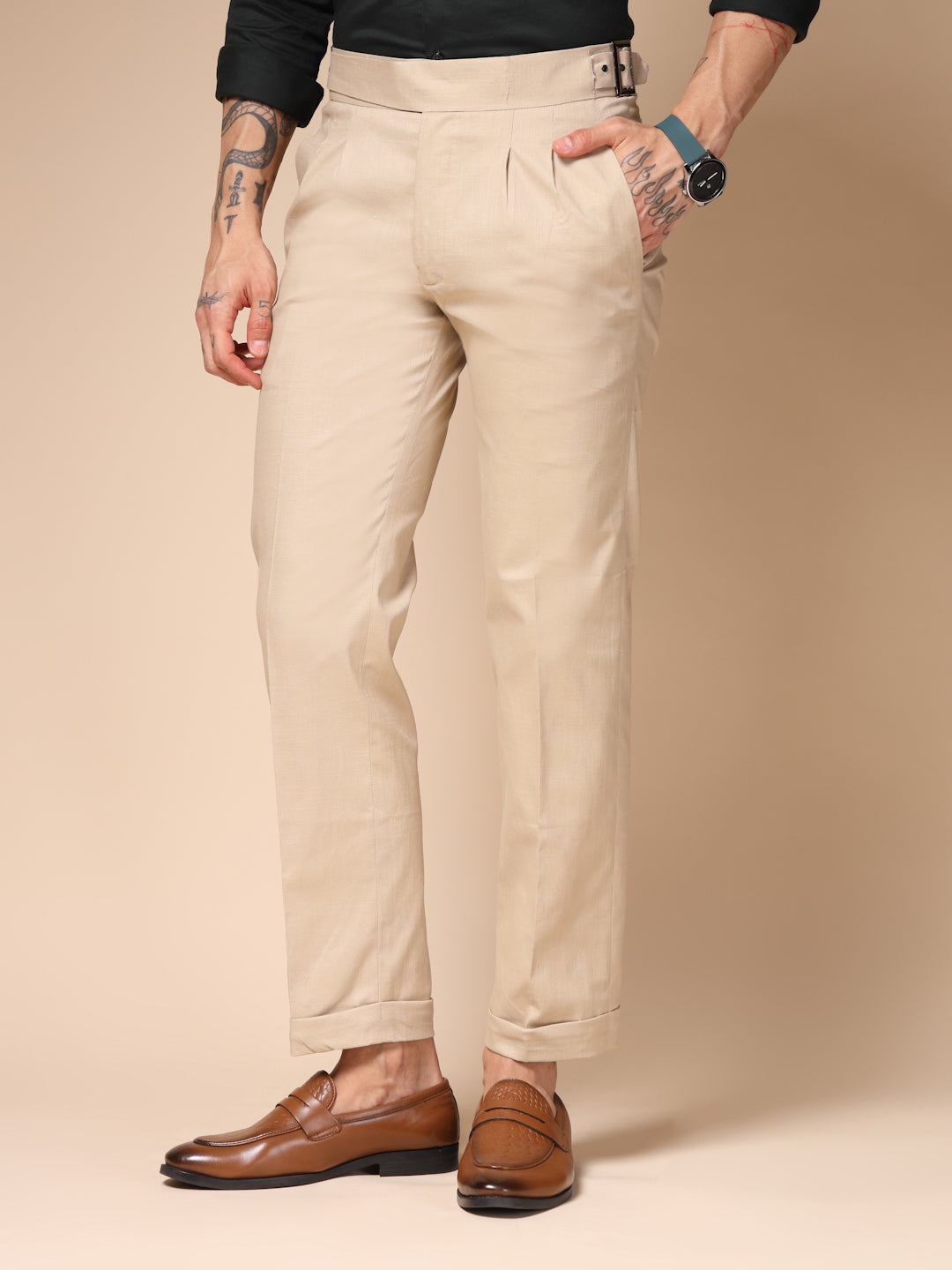 Beige Linen Classic Buckle Gurkha Pants – Boot Cut Fit by ITALIAN VEGA®