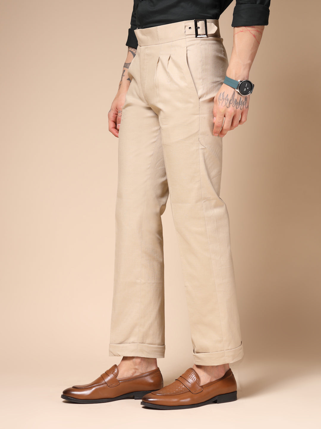 Beige Linen Classic Buckle Gurkha Pants – Boot Cut Fit by ITALIAN VEGA®