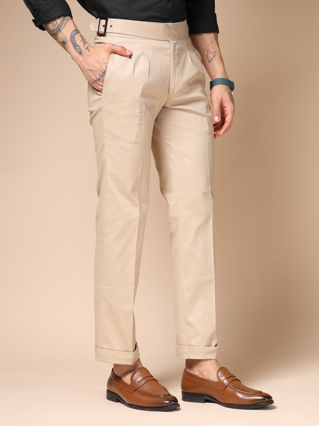 Beige Linen Classic Buckle Gurkha Pants – Boot Cut Fit by ITALIAN VEGA®