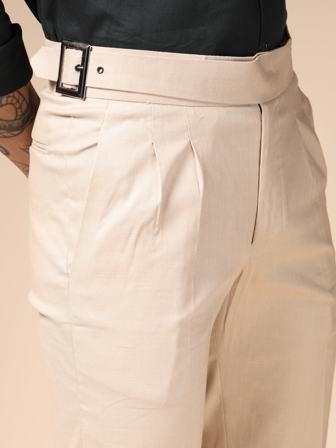 Beige Linen Classic Buckle Gurkha Pants – Boot Cut Fit by ITALIAN VEGA®