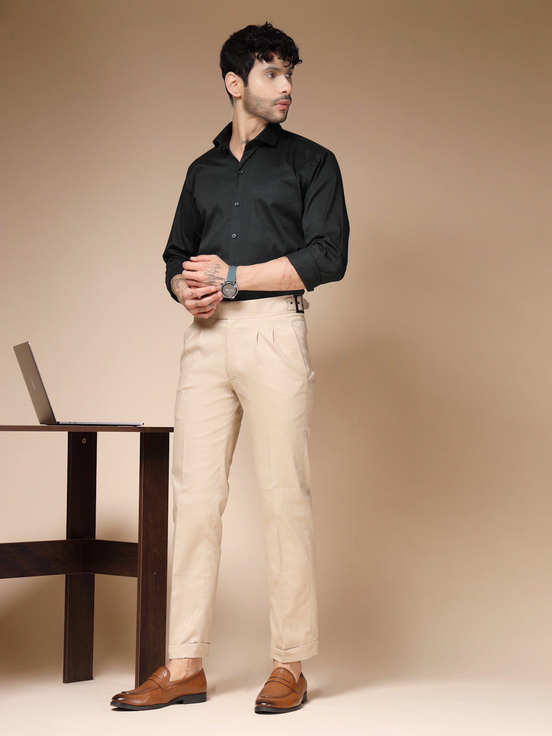 Beige Linen Classic Buckle Gurkha Pants – Boot Cut Fit by ITALIAN VEGA®