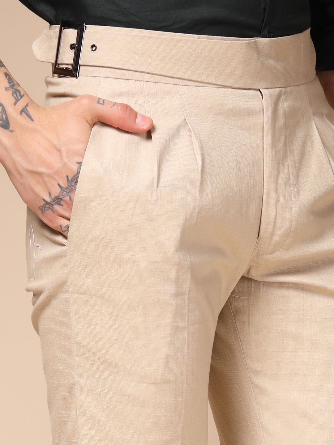 Beige Linen Classic Buckle Gurkha Pants – Boot Cut Fit by ITALIAN VEGA®