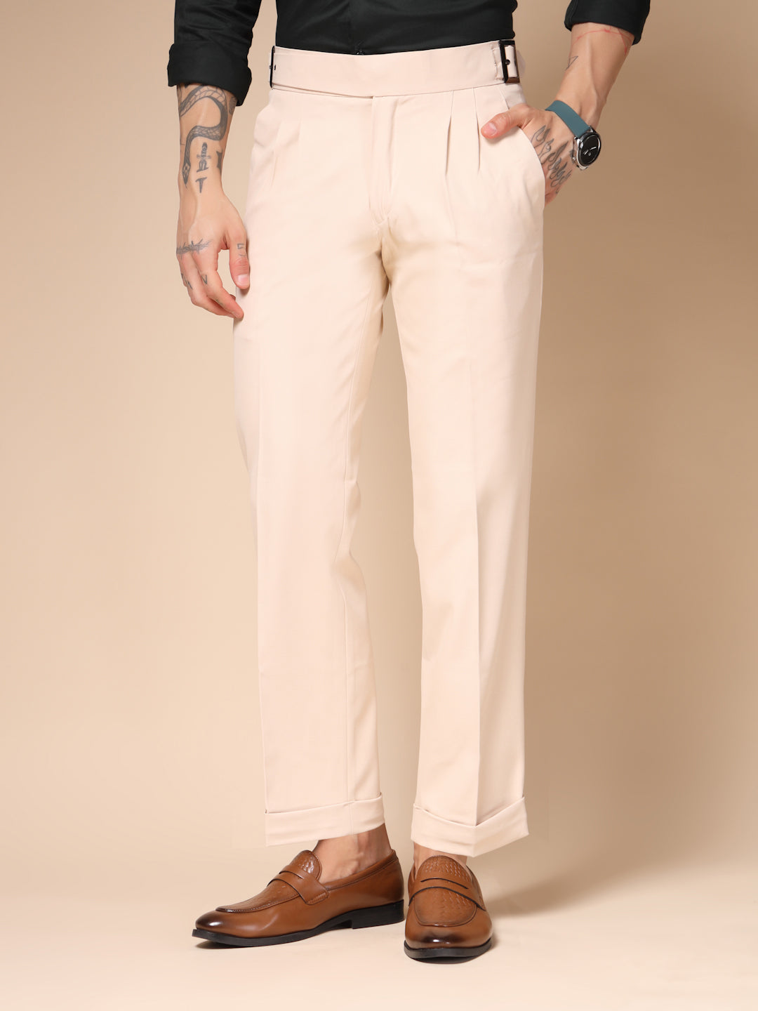 Beige Classic Buckle Gurkha Pants by ITALIAN VEGA®