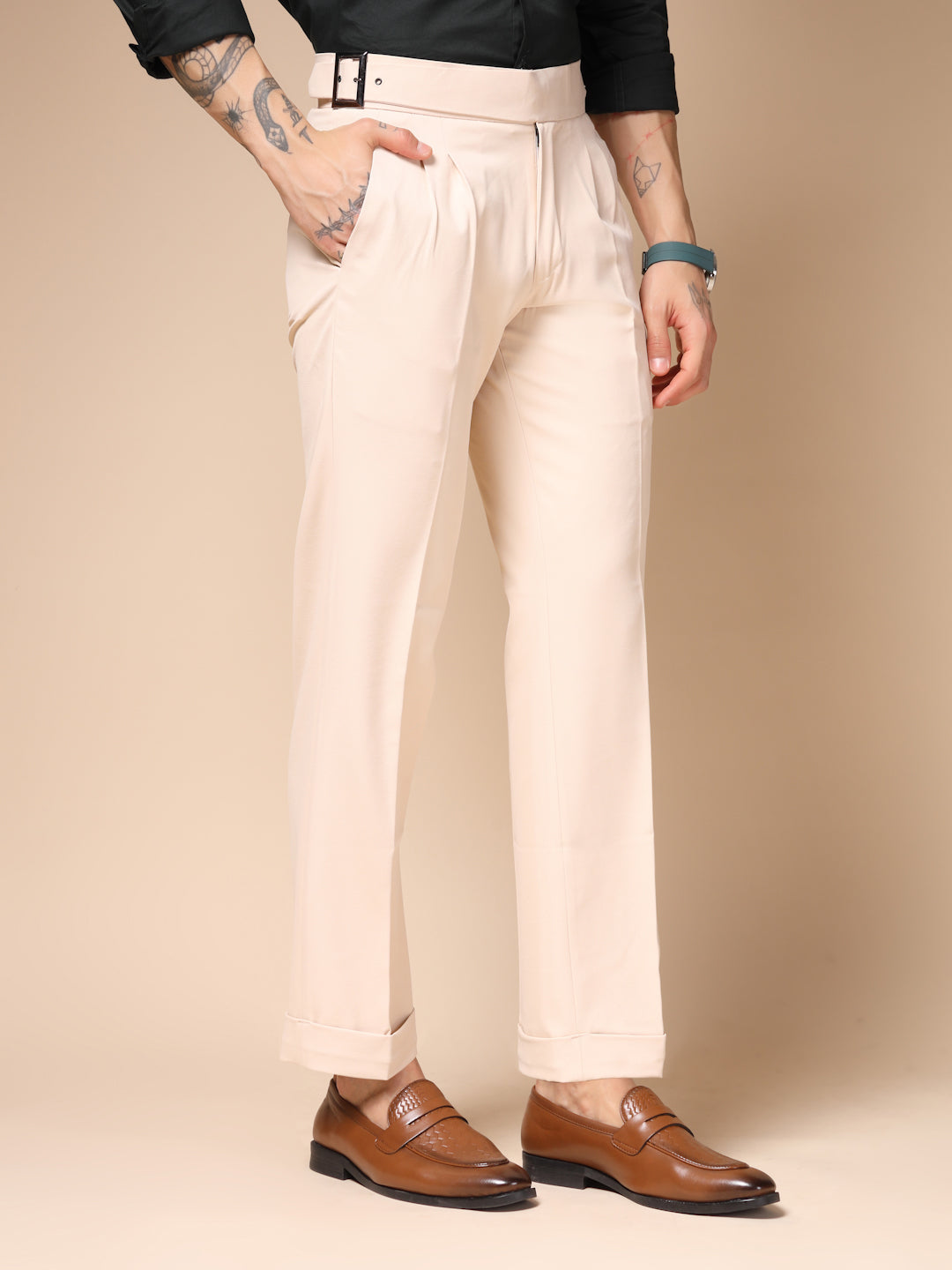Beige Classic Buckle Gurkha Pants by ITALIAN VEGA®