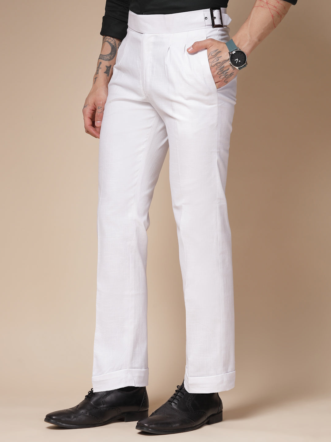 White Linen Classic Buckle Gurkha Pants – Boot Cut Fit by ITALIAN VEGA®