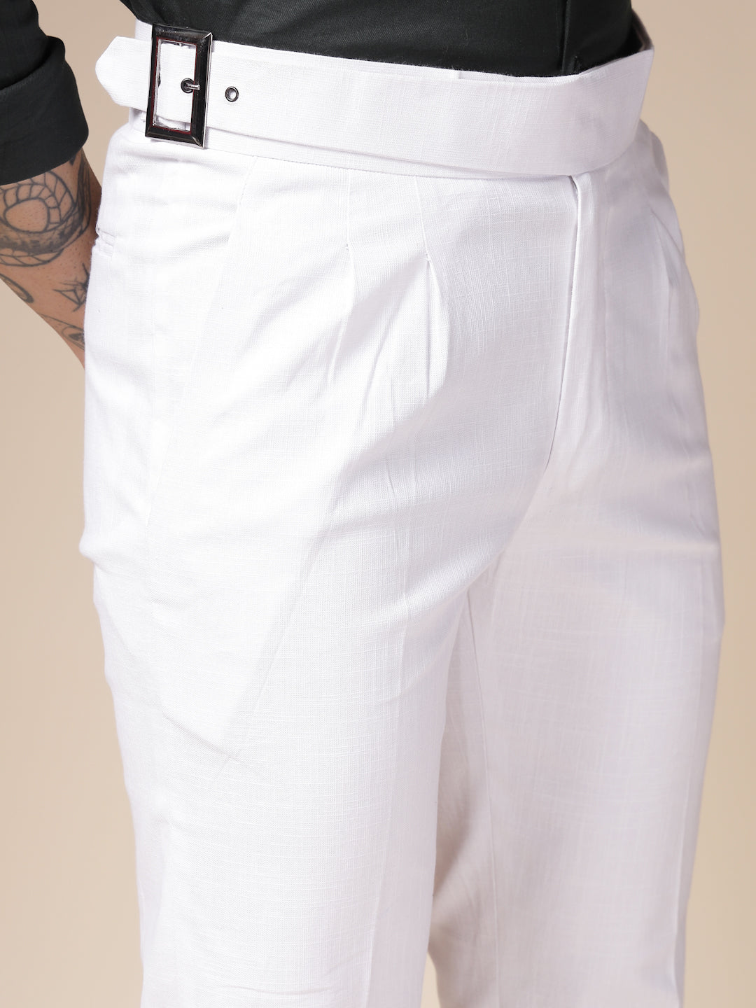 White Linen Classic Buckle Gurkha Pants – Boot Cut Fit by ITALIAN VEGA®