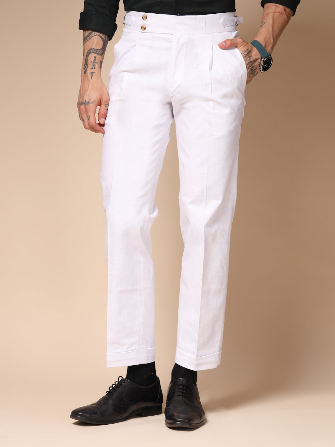 White Signature Buttoned Linen Gurkha Pants | Boot Cut Fit by ITALIAN VEGA®