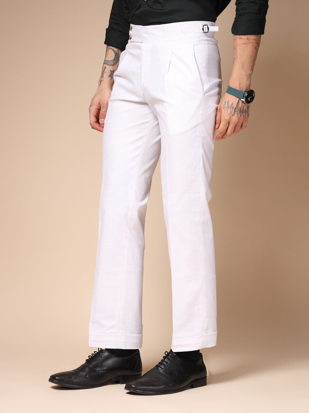 White Signature Buttoned Linen Gurkha Pants | Boot Cut Fit by ITALIAN VEGA®