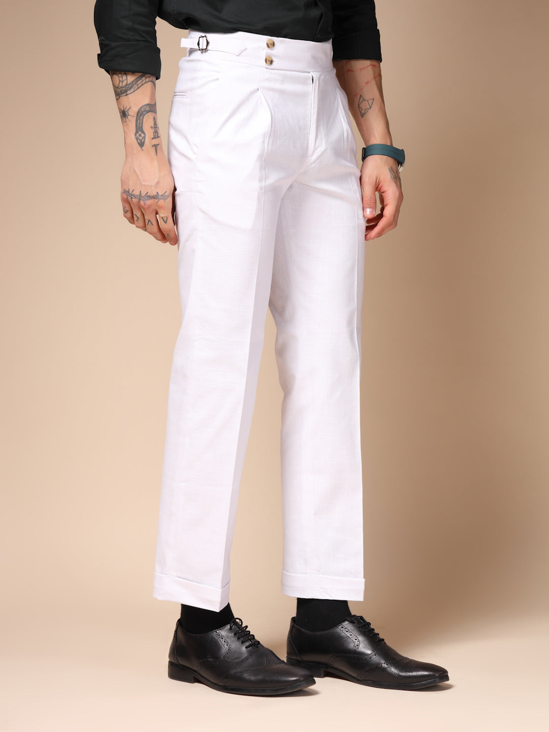 White Signature Buttoned Linen Gurkha Pants | Boot Cut Fit by ITALIAN VEGA®