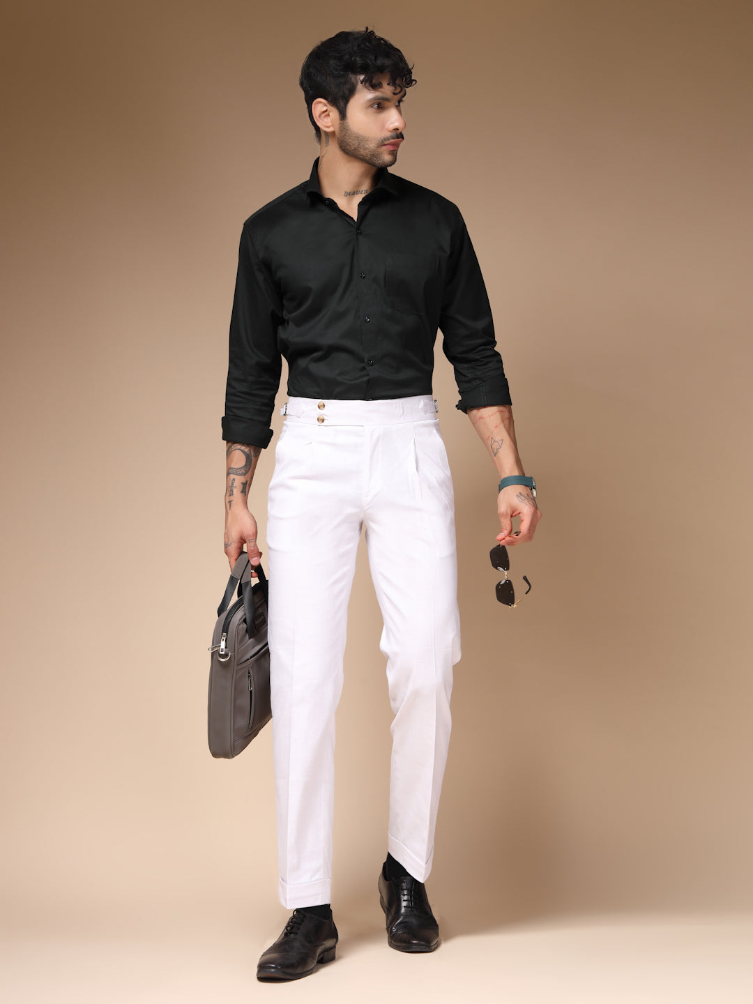 White Signature Buttoned Linen Gurkha Pants | Boot Cut Fit by ITALIAN VEGA®