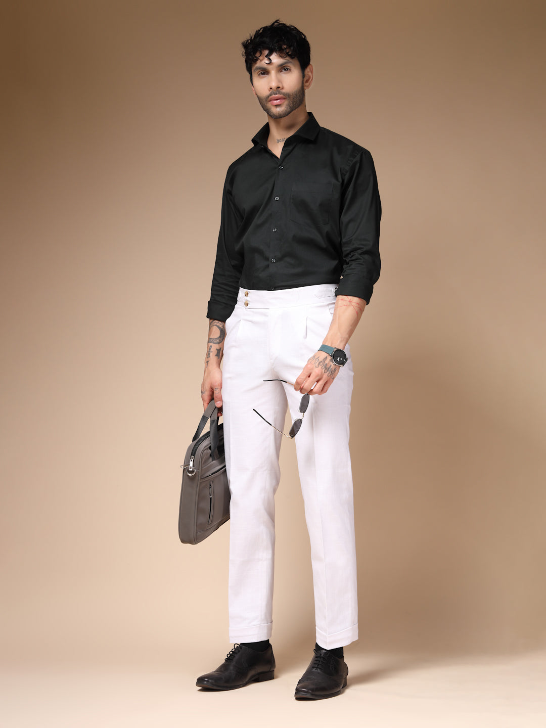 White Signature Buttoned Linen Gurkha Pants | Boot Cut Fit by ITALIAN VEGA®
