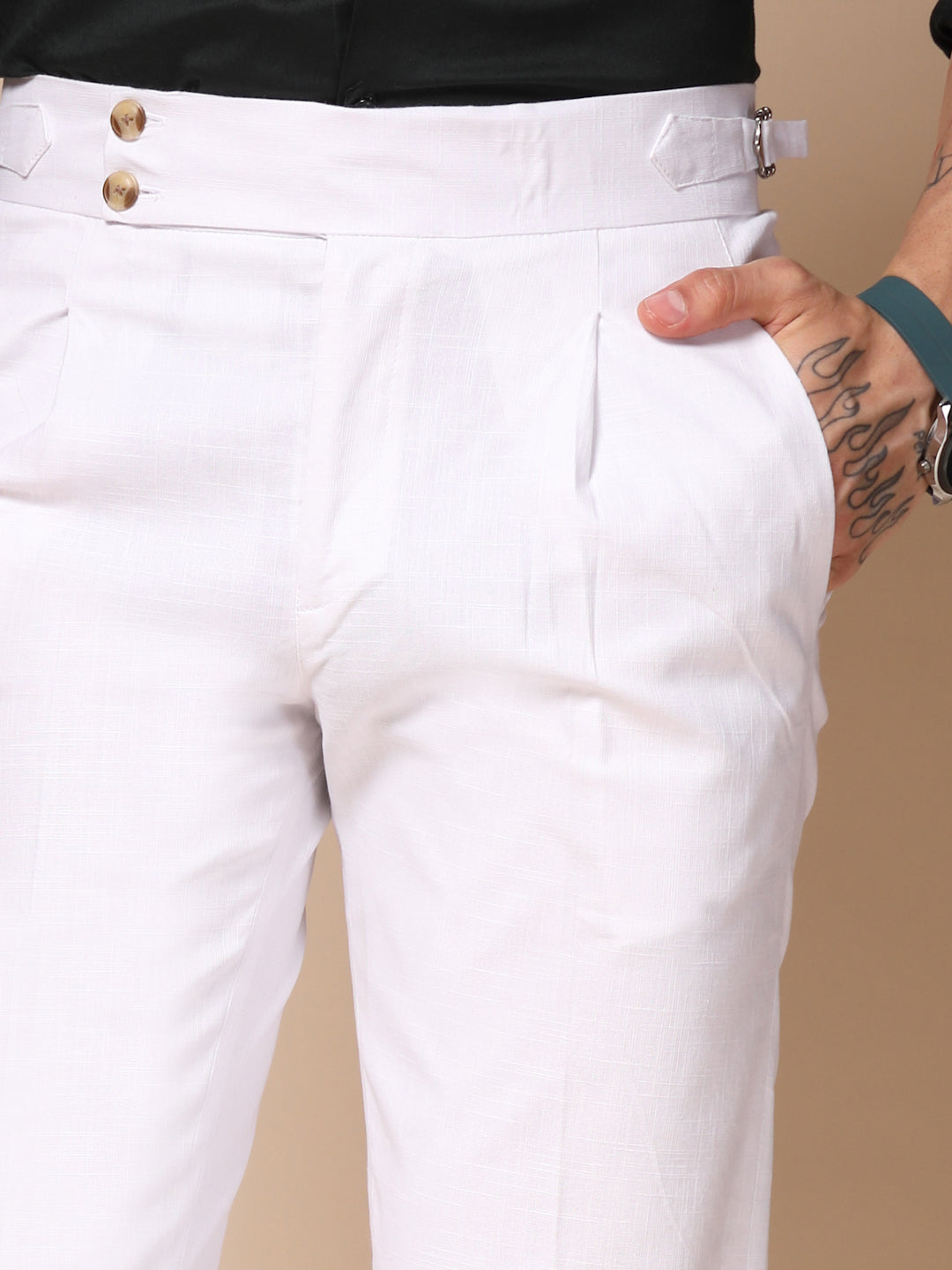 White Signature Buttoned Linen Gurkha Pants | Boot Cut Fit by ITALIAN VEGA®