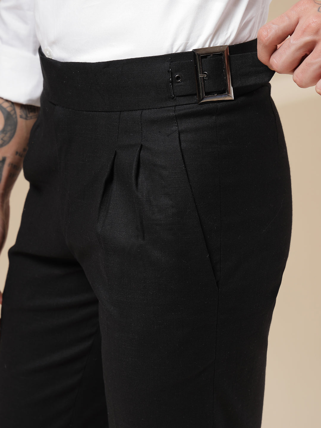 Black Linen Classic Buckle Gurkha Pants – Boot Cut Fit by Italian Vega®