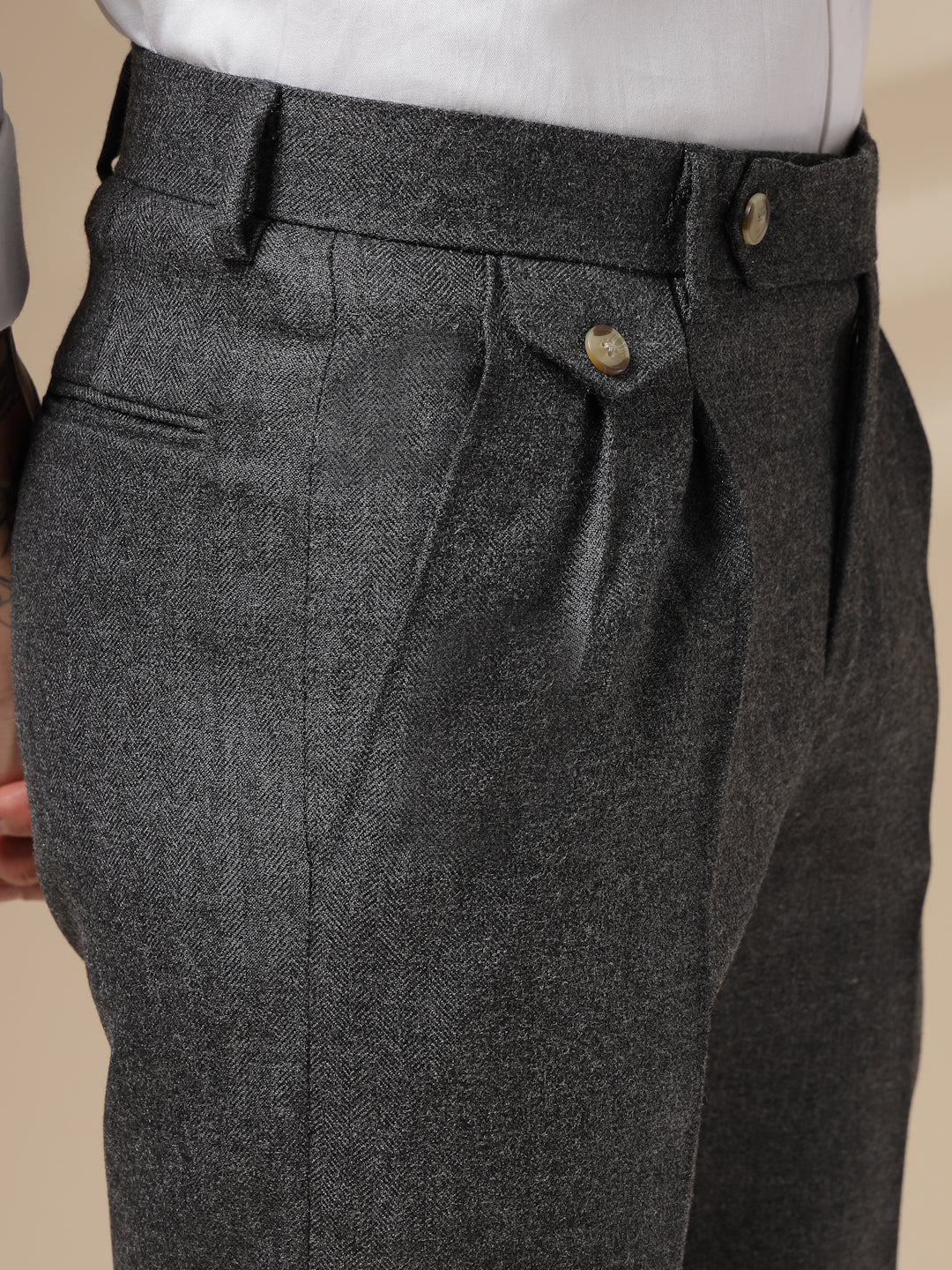 Grey Signature Flap Herringbone Gurkha Pants | Boot Cut Fit by ITALIAN VEGA®