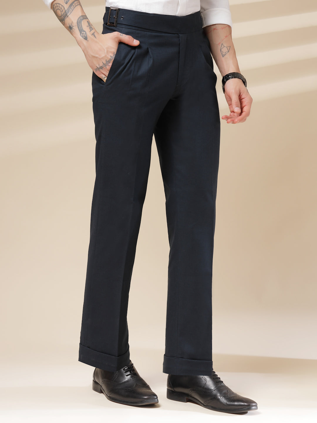 Navy Linen Classic Buckle Gurkha Pants – Boot Cut Fit by ITALIAN VEGA®