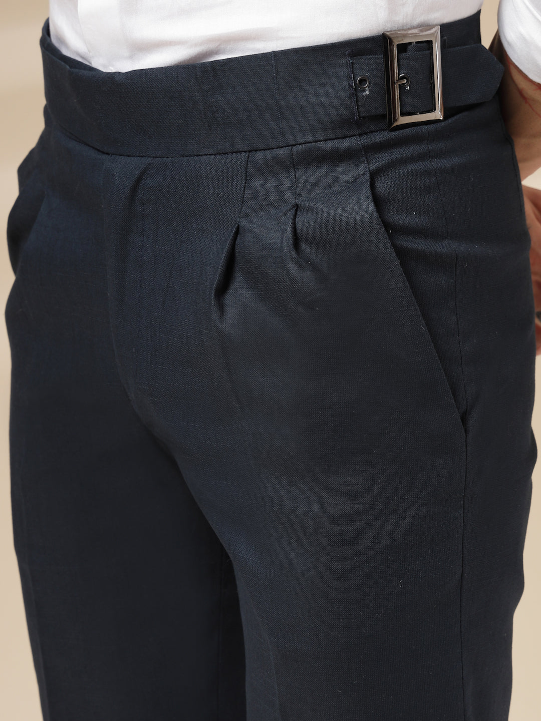 Navy Linen Classic Buckle Gurkha Pants – Boot Cut Fit by ITALIAN VEGA®