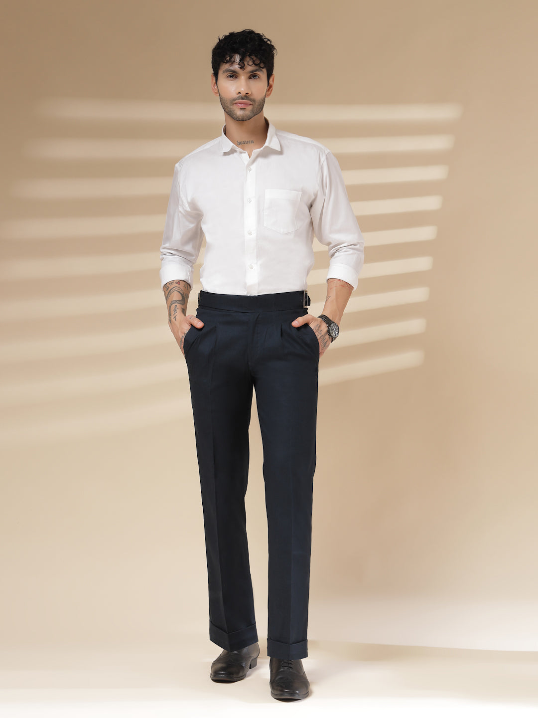 Navy Linen Classic Buckle Gurkha Pants – Boot Cut Fit by ITALIAN VEGA®