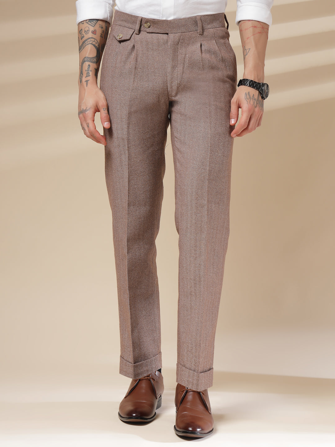 Khakhi Signature Flap Herringbone Gurkha Pants | Boot Cut Fit by ITALIAN VEGA®
