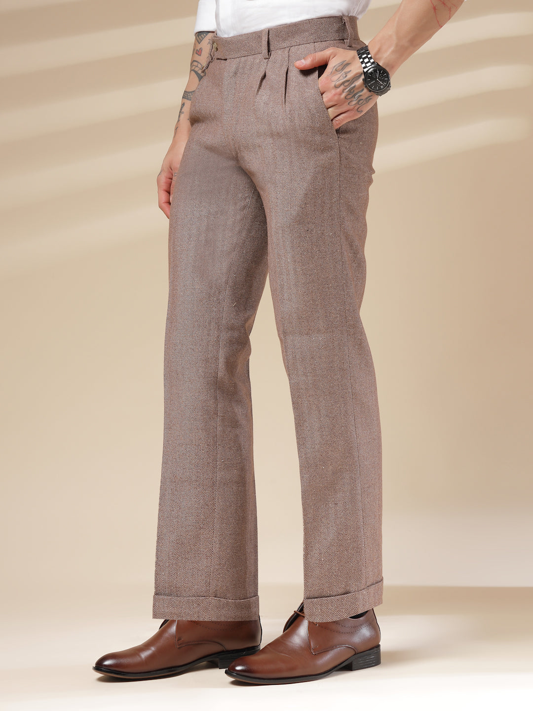 Khakhi Signature Flap Herringbone Gurkha Pants | Boot Cut Fit by ITALIAN VEGA®