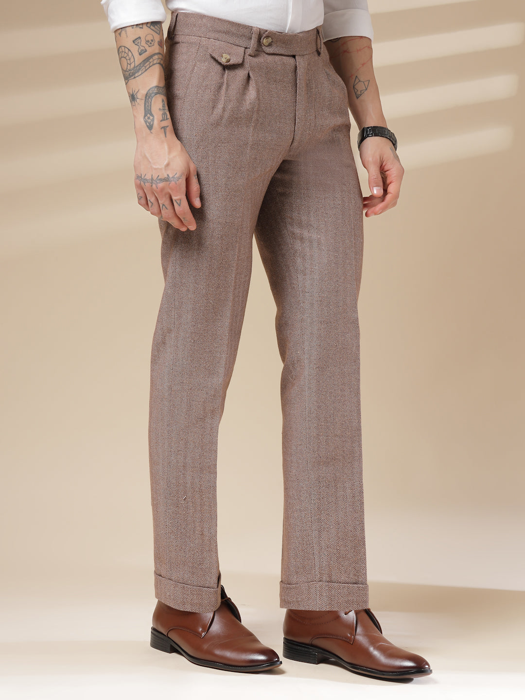 Khakhi Signature Flap Herringbone Gurkha Pants | Boot Cut Fit by ITALIAN VEGA®