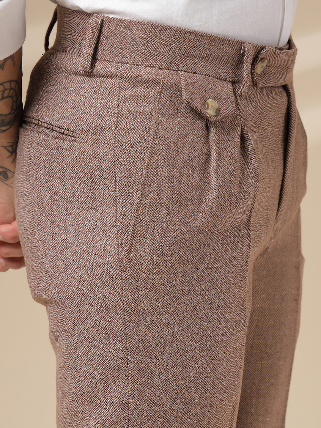 Khakhi Signature Flap Herringbone Gurkha Pants | Boot Cut Fit by ITALIAN VEGA®