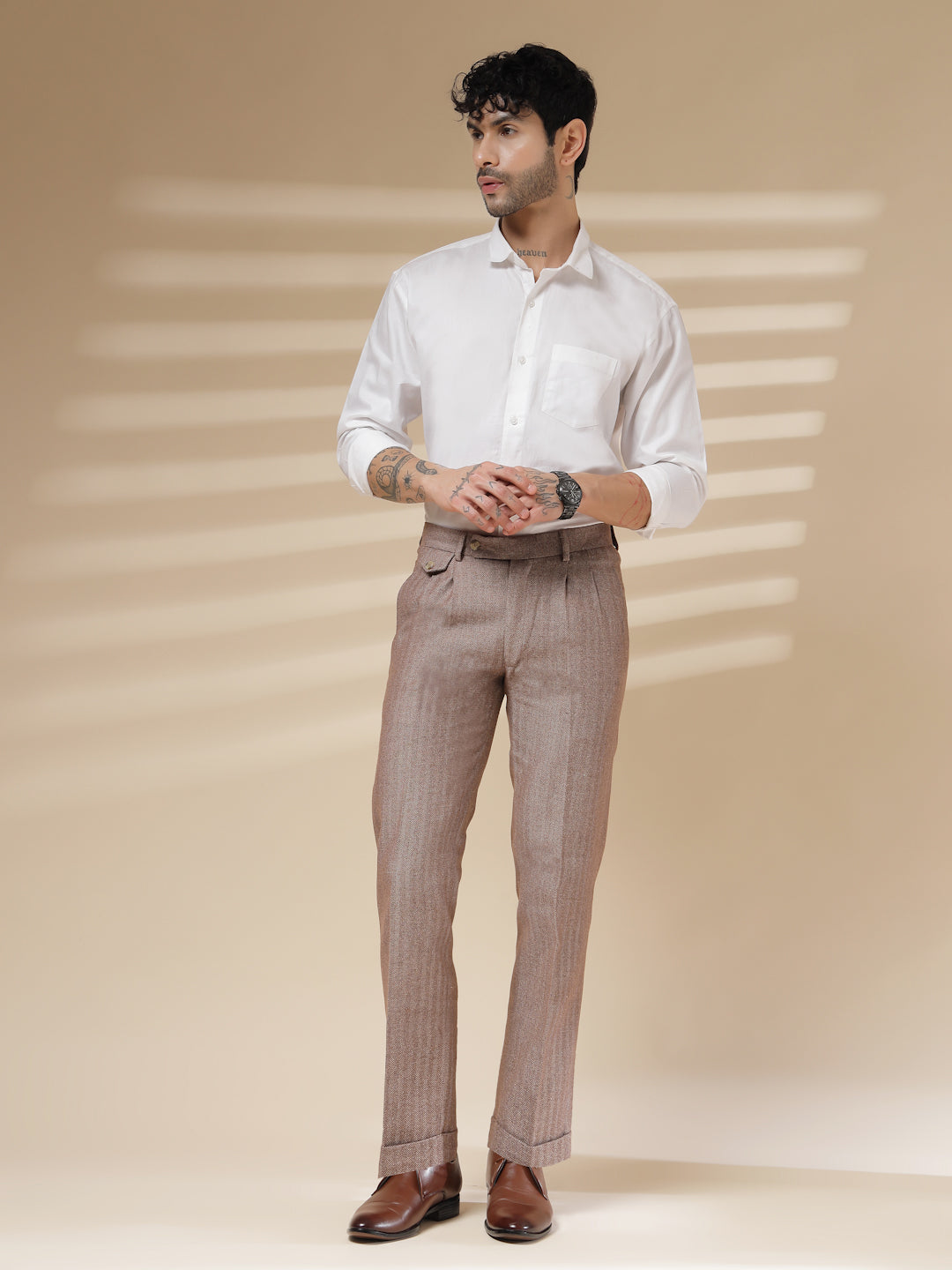 Khakhi Signature Flap Herringbone Gurkha Pants | Boot Cut Fit by ITALIAN VEGA®