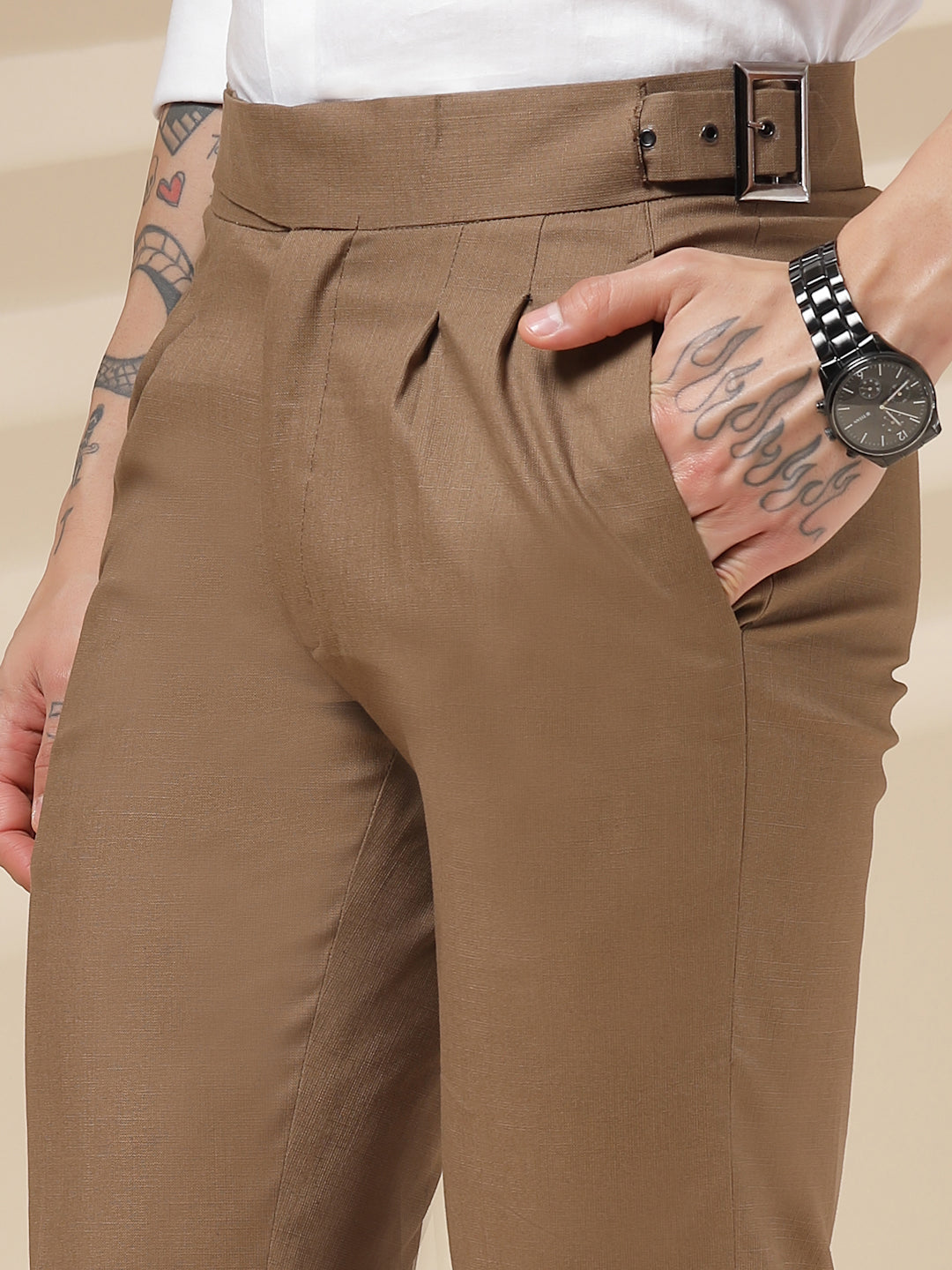 Khakhi Linen Classic Buckle Gurkha Pants – Boot Cut Fit by ITALIAN VEGA®