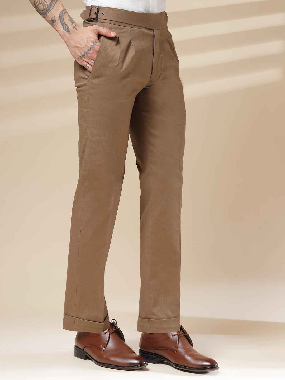 Khakhi Linen Classic Buckle Gurkha Pants – Boot Cut Fit by ITALIAN VEGA®